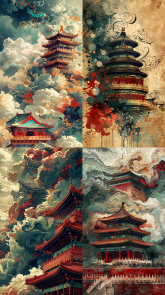 天安门建筑，中国节日庆典，红色，超现实主义插画，中国艺术风格游戏场景，彩色祥云，层层牡丹花，螺旋光影图案，棕色，中国红，绿黄，米色，红棕色，高饱和度，色彩扩散波纹，丰富色彩扩散，极细笔触，victo ngai风格，丰富色彩，超精细，uhd，16k