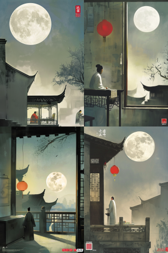 唐朝诗人李白房间，月光洒满床前，窗外满月高挂，夜空清澈星星点点，唐代建筑风格，柔和月光，银色光晕，室内场景，广角镜头，自然光，思乡氛围，文人气息，古朴家具，宁静表情，深邃眼神，银白调，古典美，诗意盎然。