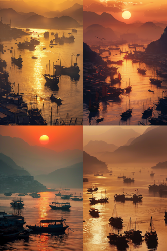 宋元中国，夕阳西下，远处高山叠嶂，模糊意境，海上各国货船往来，热闹繁荣，夕阳洒在水面，暖色调，码头货船靠岸，船夫搬运货物的繁忙，细节，全景镜头，写实，暖色调，侧光，广角镜头，高动态范围，繁忙场景，细节丰富，历史感，水面反射，船只密集，人物动作，忙碌氛围。