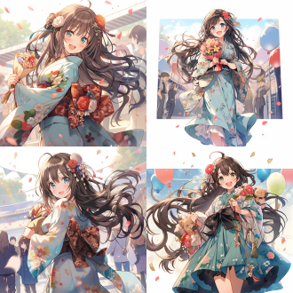 女孩站立，长发及腰，微笑看向观众，齐刘海，蓝眼睛，穿着和服，长袖，腰间系带，手持花束，头戴发饰，耳环点缀，裙摆饰有褶边，背景为蓝色，脚踏棕色鞋，手持手袋，整体造型优雅。和服，长发，微笑，蓝眼睛，长袖，腰带，手持花束，发饰，耳环，褶边，蓝色背景，棕色鞋，手袋。