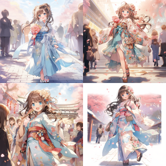 女孩站立，长发及腰，微笑看向观众，齐刘海，蓝眼睛，穿着和服，长袖，腰间系带，手持花束，头戴发饰，耳环点缀，裙摆饰有褶边，背景为蓝色，脚踏棕色鞋，手持手袋，整体造型优雅。和服，长发，微笑，蓝眼睛，长袖，腰带，手持花束，发饰，耳环，褶边，蓝色背景，棕色鞋，手袋。