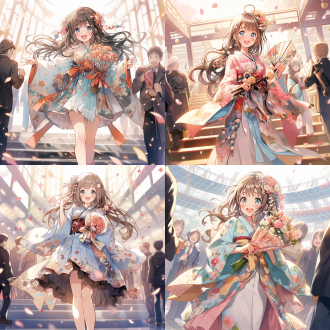 女孩站立，长发及腰，微笑看向观众，齐刘海，蓝眼睛，穿着和服，长袖，腰间系带，手持花束，头戴发饰，耳环点缀，裙摆饰有褶边，背景为蓝色，脚踏棕色鞋，手持手袋，整体造型优雅。和服，长发，微笑，蓝眼睛，长袖，腰带，手持花束，发饰，耳环，褶边，蓝色背景，棕色鞋，手袋。