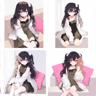 女孩坐姿，长发波浪，脸颊微红，眼神交流，室内环境，虚拟youtuber风格，绿色无袖连衣裙，开衫外套，一侧头发上扬，发饰绒球，袖口过腕，正坐，柔和光线，自然色彩，温柔表情。广角镜头, 自然光, 高分辨率, 细节丰富, 色彩柔和, 情感温暖。