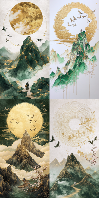 the golden lines depict the outline of a mountain peak, there are green clouds, a circle of thin lines around the mountain, a person carrying a bamboo basket walking on a path in the mountain, the sky in the distance there are several cranes flying, some peach blossoms inlaid with gold, flying with the wind, the tilted picture, from the sky overlooking the perspective, chinese ink artistic conception, new meticulous painting, rice paper