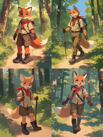 a tall teenage fox boy scout in a red neckerchief, beige shirt, brown pants, and knee-high black hiking boots, trekking along a dirt path in the forest. he has navy blue eyes and smiling expression. the art style is clean, and the image shading is soft, giving the entire scene a warm and inviting feel. full body view, view from eye, mid-far view. the detailed hands and tall hiking boots further enhance the sense of reality. overall, this is a work of art that embodies the spirit of pixar and disney animation styles, while also showcasing the unique charm of the cartoon