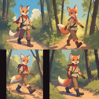 a t all teenage fox boy scout in a red neckerchief, beige shirt, brown pants, and knee-high black hiking boots, trekking along a dirt path in the forest. he has navy blue eyes and smiling expression. the art style is clean, and the image shading is soft, giving the entire scene a warm and inviting feel. full body view, view from eye, mid-far view. the detailed hands and knee-high hiking boots further enhance the sense of reality. overall, this is a work of cartoon art that embodies the spirit of pixar and disney animation styles