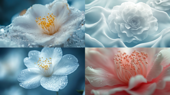 山茶花特写，绽放奶白色花朵，居中构图，微距镜头，自然光，细节丰富，冷色调，清新。