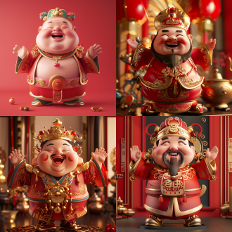 矮胖卡通财神爷，中心构图，红色调，传统喜庆风，室内布置，柔光，微笑招手，金色配饰，8k分辨率，欢乐。