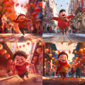 矮胖可爱卡通小孩跑步，对称构图，红色调，街道场景，大光圈，动态模糊，顶光，欢快动作，喜庆元素，活泼。