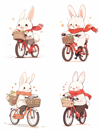 白色背景，可爱兔子，休闲服，骑车上班，卡通风格，大眼睛，微笑，圆润身体，优雅姿态，平面设计，明亮色调，柔和光线，正面视角，细节清晰，轻松愉快。