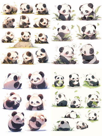 可爱的熊猫宝宝，多种姿势和表情，简约卡通风格，工笔画，夸张表现，圆形构图，明亮色调，柔和光线，特写镜头，动态捕捉，天真无邪，温暖氛围。