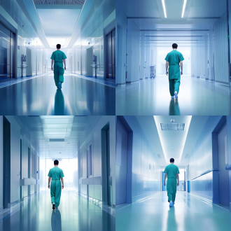 男医生绿色手术服远背影，步伐坚定，明亮高级的医院大场景，蓝白色调，大气高级时尚杂志风格，广角镜头，高亮度，冷色调，正面光，动态步伐，专业形象，冷静自信。