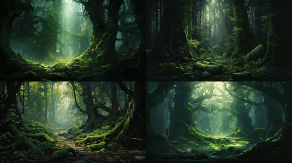 绿色系 森林深处 高耸的大树 前景大树根 有光线照射的感觉