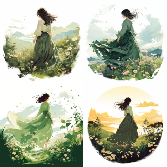 一个少女背影，手持鲜花，绿油油的山坡，浪漫风格，温馨，细腻如丝，动漫+线条的效果