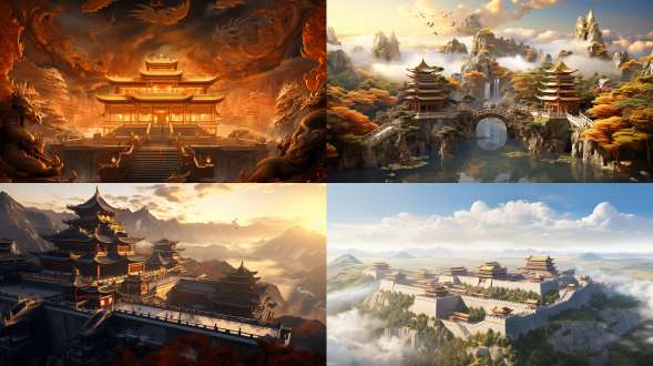 中式神话风，全景，金黄璀璨，平拍，宏伟壮观的天庭建筑群，众神云集，庄严肃穆，神圣威严，逼真写实，建筑雕刻精美，超高清细腻，云雾缭绕的仙境