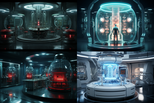 科幻人体实验台与复杂仪器运作，中景平拍，冷色调，空间科技感足，精密仪器立体逼真，神秘氛围，高清画质。