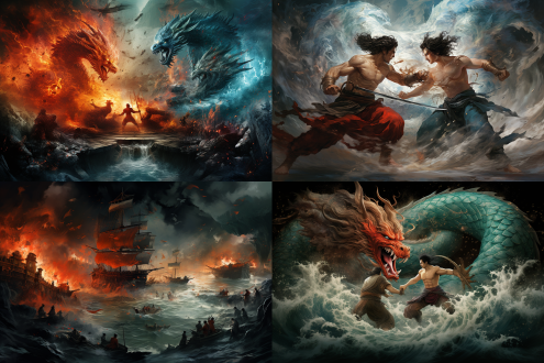 神话国风，景别描述：全景，画面色彩：五彩绚烂，摄影手法：平拍，非常详细的主体描述：敖丙与哪吒在波涛汹涌的海上激战，动作描述：激烈打斗，表情描述：愤怒坚决，氛围描述：惊心动魄，画面效果：3d 震撼，画面细节：人物服饰华丽，画质描述：超高清，背景描述：翻涌的海浪和乌云密布的天空