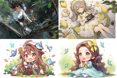 图片风格：萌系少女风，景别描述：全景，画面色彩：薄荷绿清新，摄影手法：仰拍，非常详细的主体描述：q 版女孩在草地上玩耍，动作描述：追逐蝴蝶，表情描述：惊喜好奇，氛围描述：轻松自在，画面效果：自然舒适，画面细节：配饰精美，画质描述：超高清，背景描述：广阔的绿色草地