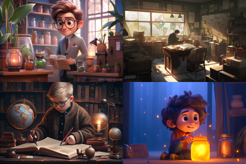 图片风格：温暖探究风，景别描述：远景，画面色彩：浅驼温暖，摄影手法：远拍，非常详细的主体描述：小男孩身处充满暖色调灯光的实验室，动作描述：认真研究，表情描述：沉着冷静，氛围描述：宁静专注，画面效果：3d 渲染优美，画面细节：实验室布局清晰，画质描述：优质清晰，背景描述：窗外的落日余晖