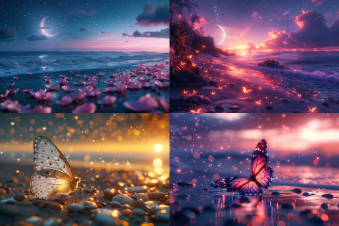night, milky way, starlight, silver white crescent moon with milky way starlight sprinkled on the beach, there are many luminous creatures, the beach is the shape of love, pebbles, luminous creatures, have some butterfly is fly ,fluorescent, pink, color, dream, ultra-wide angle light, unreal engine, 4k hd, volume ligh