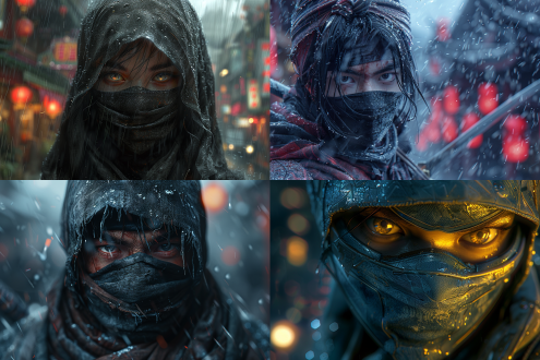 忍者，蒙住半脸，锐利的眼，战斗姿态，摆着架势，拿着手里剑，赛博朋克，夜空，中景，人物倾斜，超级高分辨率，超真实，黑暗风格，照相写实主义