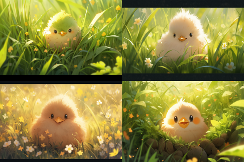 在充满生机的绿意盎然的世界中，一只毛茸茸的小鸡悄悄从草丛里探出脑袋，它那纯真的眼神里仿佛藏着无尽的好奇与温柔，小鸡周边有飞舞的蝴蝶，镜头聚焦在小鸡的眼睛处，萌系风格，超高清，8k