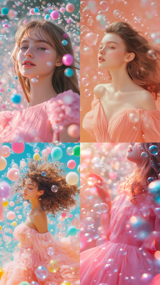 一个羊毛毡是世界，女孩，特写，欢乐氛围，节日气氛，粉色裙子，纯色背景，摄像,极高分辨率,全景镜头(广角镜头),风景镜头(远景),彩色泡泡