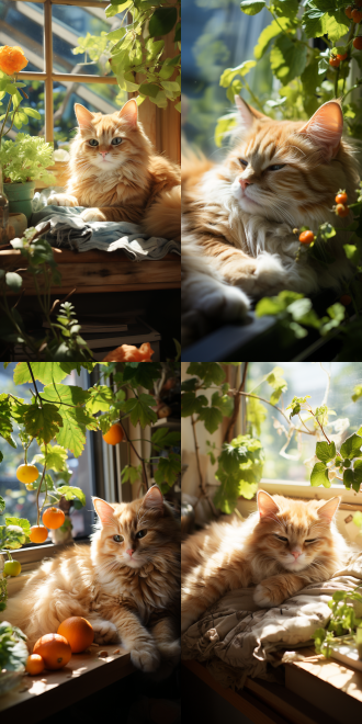 超写实摄影作品，作为小红书壁纸，画面主体为一只慵懒趴在木质窗台上的橘猫。窗台刷着淡蓝色的漆，纹理清晰可见，窗台外是一片郁郁葱葱的绿色花园，阳光透过树叶缝隙洒下斑驳光影。橘猫身上的每一根毛发都根根分明，毛色鲜艳且富有光泽，琥珀色的眼睛清澈明亮，粉色的肉垫小巧可爱，爪子微微蜷缩。它的身上有几处淡淡的花纹，肚皮随着呼吸微微起伏。画面采用特写构图，聚焦橘猫神态与细节，整体风格清新自然，超高清 8k 分辨率。