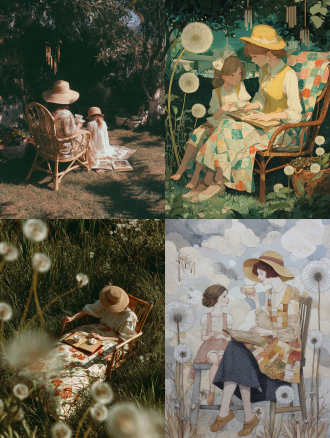 藤编椅上铺着碎花软垫，母亲捧着茶杯与女儿并肩而坐，膝上摊开泛黄的相册。蒲公英随风飘过，白色连衣裙和草帽的影子斜斜投在草地上，远处有风铃轻响。