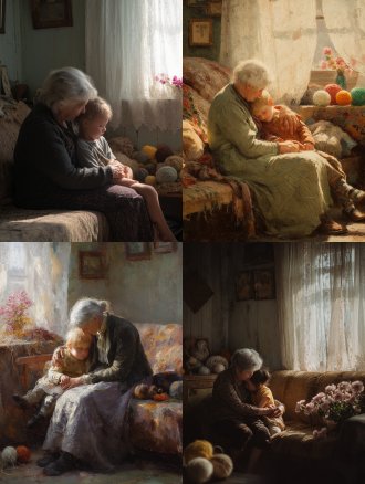 午后暖阳透过纱帘，母亲与孩子相拥在布满皱纹的旧沙发上，她鬓角银丝泛着柔光，指尖轻抚孩子后背，背景是散落的毛线团、泛黄相框和窗台上的粉色康乃馨，空气里漂浮着细小的尘埃颗粒，暖色调光影交织出岁月的温柔