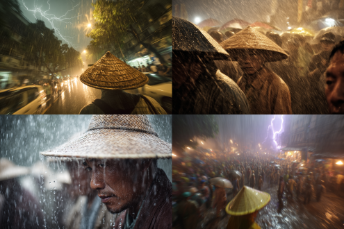 闪电瞬间照亮暴雨中抢插人群，雨帘在慢门下拉成银色丝网，斗笠边缘水幕形成环形瀑布，泥浆飞溅在蓑衣草叶凝成琥珀，广角畸变突显天地混沌压迫感