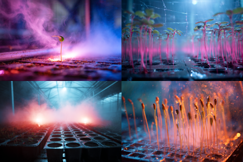 恒温棚红色补光灯笼罩芽盘矩阵，水雾喷射器制造人工晨露效果，微距镜头捕捉胚根突破种壳的爆发力，冷凝水在薄膜顶棚画出生长曲线，科幻感蓝紫光效渗透生机