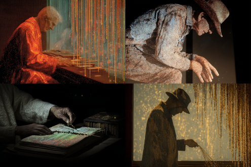 逆光拍摄老农数粮指缝漏金，算盘珠滑动残留光轨，契约印章按压时朱砂飞溅，账本页面浮动全息投影式产量数据，窗棂阴影将人体切割为丰收雕塑