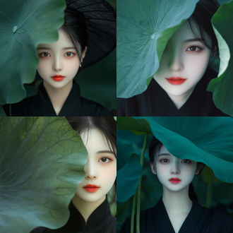 上海18岁女孩，半身优雅，大绿莲叶遮面，美目含笑，红唇长睫，素颜柔滑，黑汉服，农田背景，禅意空灵，上方留白，极简主义，中景，高光对比，自然光，柔和线条，宁静微笑，纯净色彩，神秘美感。