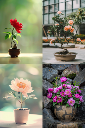 中国风格盆景，牡丹花 造型独特，精美陶盆装石，水墨画艺术感，对称构图，户外，长焦镜头，自然光，古朴，淡雅，宁静。