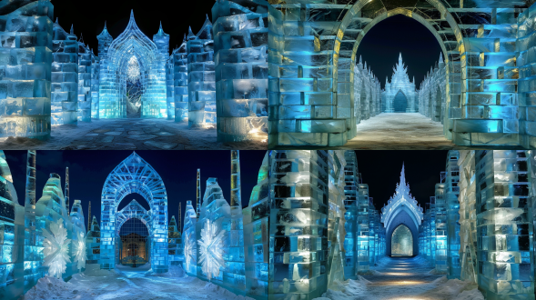 冰门，冰块砌筑，内置灯带，自发光，夜景环境，雪地，宏伟高大，场景开阔，对称构图，冷色调，广角镜头，柔和光线，静态，神秘，壮观。