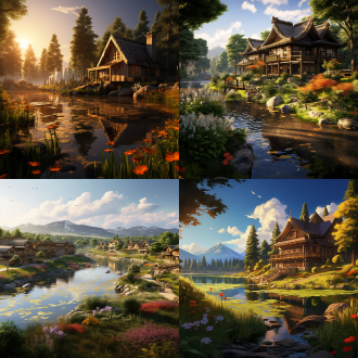 线条、森林、建筑、湖泊、草原、花草、走廊、房屋、石头、竹子、桌椅、广场、灯具，全景构图，自然风，广角镜头，暖光，宁静，色彩丰富。