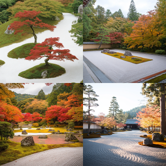 日式寺院风格庭院，有置石，有红色、绿色，红黄绿三色枫树，苔藓，白色流沙石，高清透视，古朴寂静，自然光线，高品质，超级细节，宏大场景