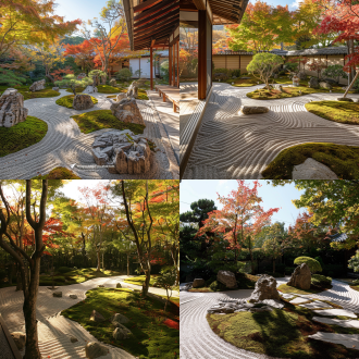 日式寺院风格庭院，有置石，有红色、绿色，红黄绿三色枫树，苔藓，白色流沙石，层次丰富，高清透视，古朴宁静，自然光线，高品质，超级细节，长焦距，宏大场景