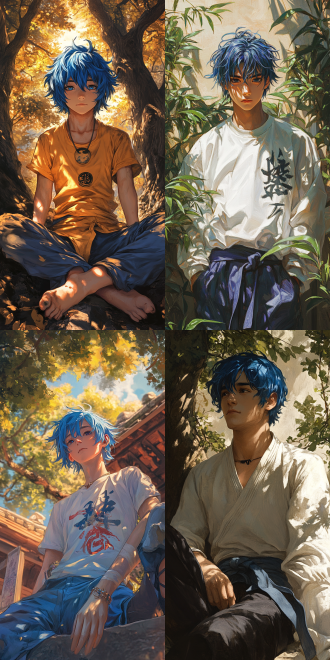 帅气16岁男，蓝色头发，短发中分，发质柔顺，全身像，校园墙角，树荫，中国功夫衫，artgerm风格，幻想艺术封面插图，鸟山明漫画风格，480分辨率，高对比度，暖色调，广角镜头，远景，侧光，静态，神秘，孤独。