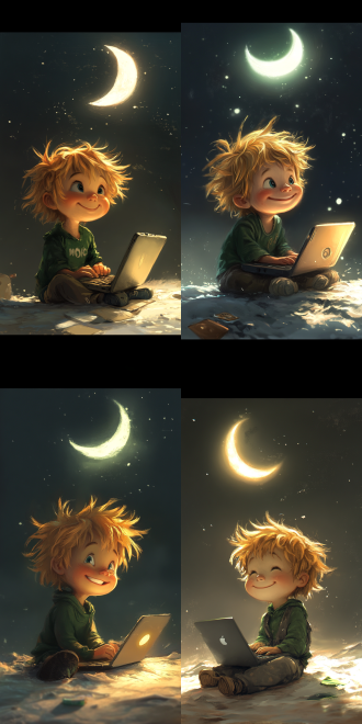 插画，儿童插画风格，治愈，色彩丰富，洁白背景，可爱的男孩坐在笔记本电脑前，天空一个大大月牙