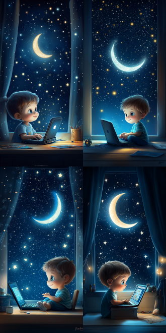 插画，儿童插画风格，男孩正面，油画，厚涂，治愈，色彩丰富，室内背景，可爱的男孩坐在笔记本电脑前，天空一个大大月牙
