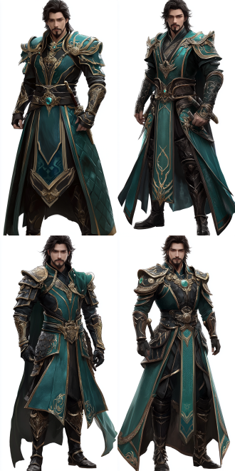 中国画水墨风格，黑白线稿，络腮胡，虬髯，青绿色官袍，侠客，轻甲，剑客，3d彩色效果，清晰背景，8k高清，尺寸标注，细节解释，动态，精致。黑白对比，线稿细节，线条粗细轻重变化，8k分辨率，3d渲染，高细节，动态捕捉，精致工艺，黑白对比，线条艺术，粗细变化，轻重对比，动态表现，精致描绘。