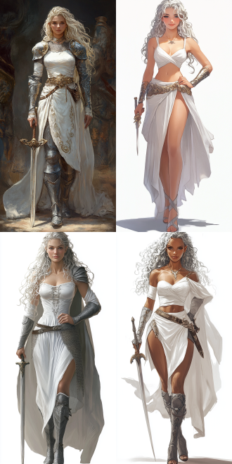 魔幻世界风格，面带自信的微笑，穿着白色连衣裙，骄傲，成熟，1个女孩，身材矫健，细腰，长发，锁子甲，（高跟鞋：1.2），腰佩戴着精美的短剑，卷发，鱼眼，银发，（前倾：1.3），拱背，双手叉腰，前视图，，全身照，灰色紧身裤，半复合装甲，