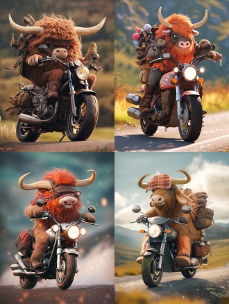 highland cow wearing a kilt riding a motorbike through the scottish highlands, photorealistic, 4k