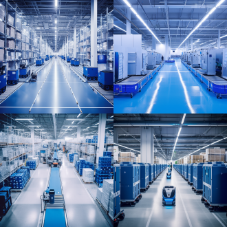 智能物流仓库内，机械臂与机器人协同工作，物品有序地移动到传送带上，准备高效配送。环境现代高科技，有柔和的蓝色装饰和简洁设计，给人宁静的感觉，颜色干净，有蓝色发光玻璃装饰，周围有白色空间，白色和蓝色的石膏风格，大光圈突出主体，空中视角。 in the intelligent logistics warehouse, collaborative work is carried out between mechanical arms and robots, with items moving orderly onto the conveyor belt for efficient distribution. the environment is modern and high-tech, featuring soft blue decorations and a minimalist design that provides a tranquil feeling. the colors are clean, complemented by blue glowing glass decorations, surrounded by white space, white and blue plasterwork style, with a large aperture highlighting the subject, and an aerial view.