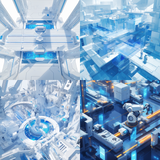 智能物流仓库内，机械臂与机器人协同工作，物品有序地移动到传送带上，准备高效配送。环境现代高科技，有柔和的蓝色装饰和简洁设计，给人宁静的感觉，颜色干净，有蓝色发光玻璃装饰，周围有白色空间，白色和蓝色的石膏风格，大光圈突出主体，空中视角。 in the intelligent logistics warehouse, collaborative work is carried out between mechanical arms and robots, with items moving orderly onto the conveyor belt for efficient distribution. the environment is modern and high-tech, featuring soft blue decorations and a minimalist design that provides a tranquil feeling. the colors are clean, complemented by blue glowing glass decorations, surrounded by white space, white and blue plasterwork style, with a large aperture highlighting the subject, and an aerial view.