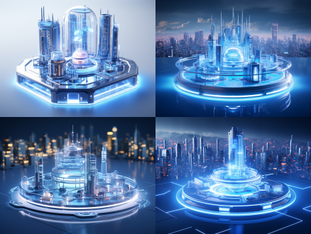 a futuristic cityscape with a shrink ray device, designed as an icon in blue and white tones. the image features a frosted glass texture with a transparent technology sense. the composition is isometric and centered, set against a white background. studio lighting enhances the 3d render created using c4d, blender, and oc.