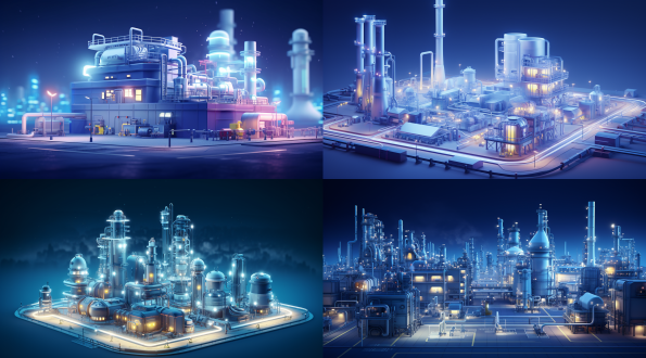industrial architecture 3d in space on blue background with lights and pollution, in the style of detailed character illustrations, subtle tonal values, streetscape, back button focus, soft and rounded forms, realistic hyper-detail, detailed miniatures