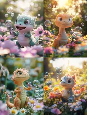 furry cartoon dinosaur blind box character,handheld bubble machine, standing in flowers,gradient color scheme, super rich details, very realistic feeling style, light and clean transparent background, blender, c4d, oc renderer